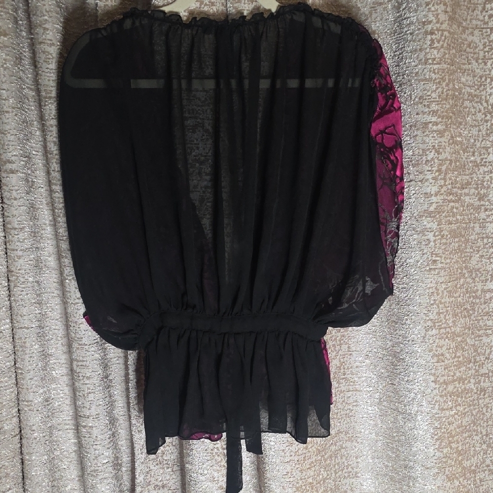 grass collection Magenta and Black Floral Sheer Tie-Front Top - Picture 5 of 6